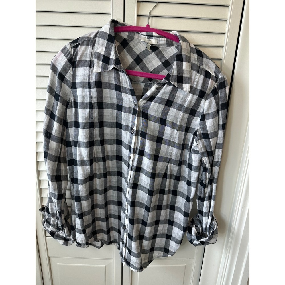 Joie Black White Buffalo Check Plaid Cotton Button Down Roll Tab Blouse Small